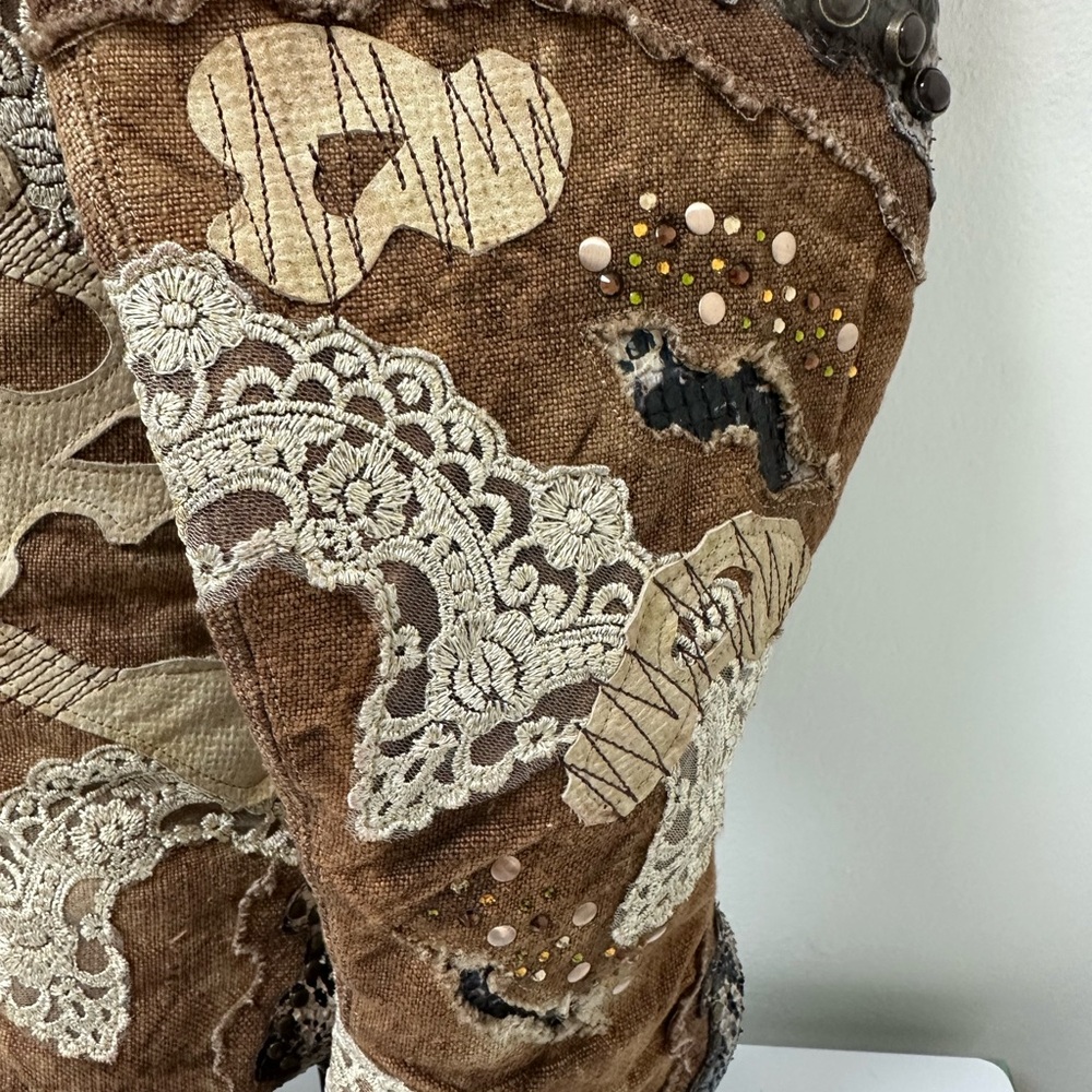 Unique Steve Madden Brown and Cream Patterned Mixed Material Heeled Boots Sz 7 - Picture 3 of 8